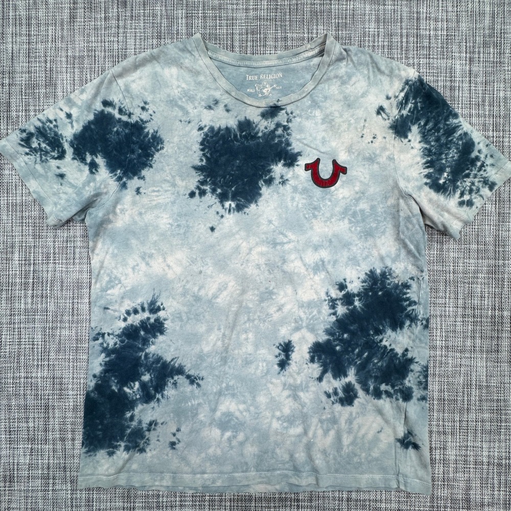 True Religion Mens T-Shirt Large Blue Tie Dye Buddha Guitar Graphic Logo Cotton